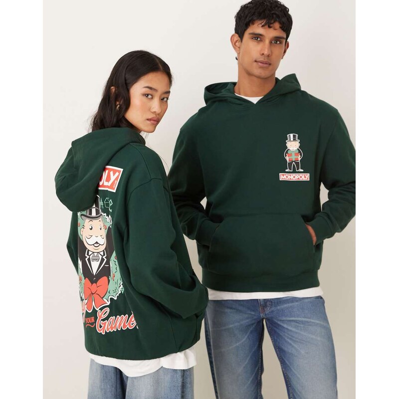 ASOS DESIGN Christams relaxed hoodie with Monopoly prints in green