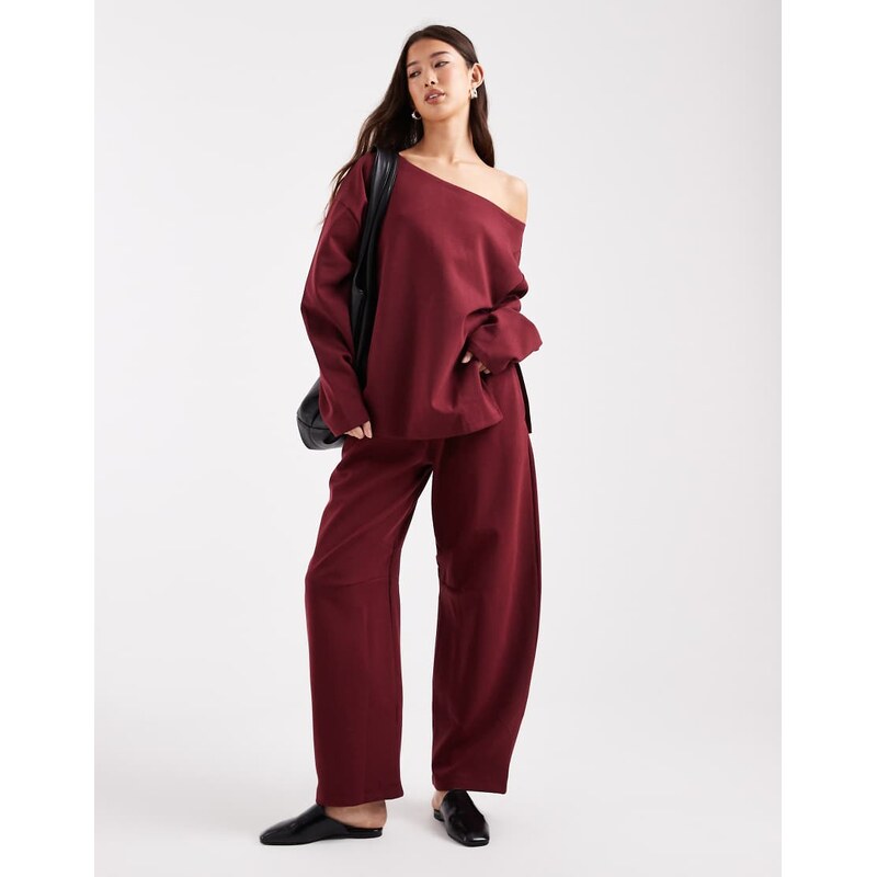 ASOS DESIGN oversized off shoulder interlock sweatshirt in burgundy-Red