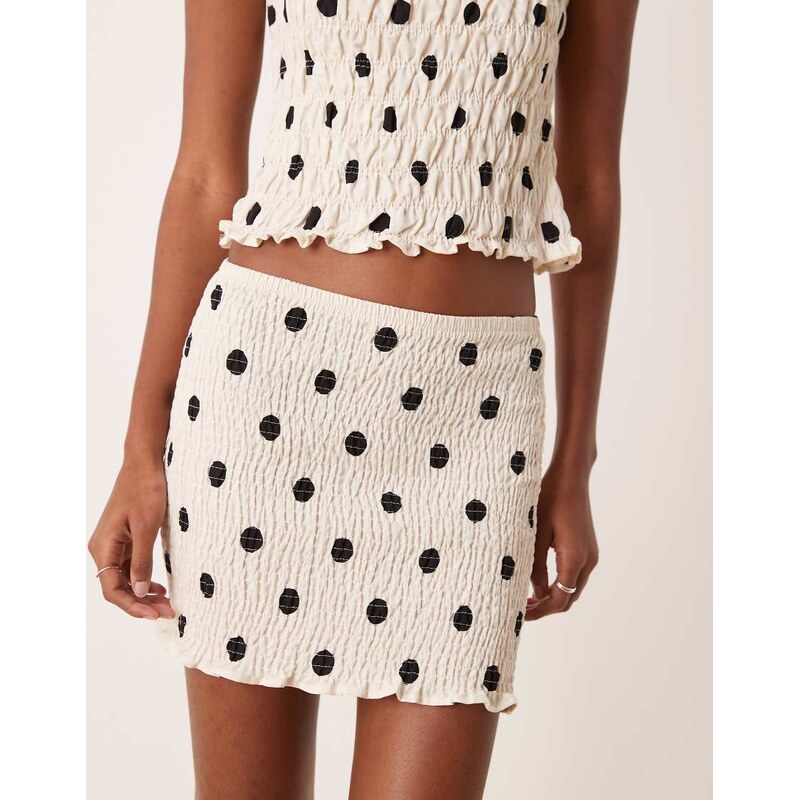 ASOS DESIGN linen blend shirred mini skirt in polka dot-Multi