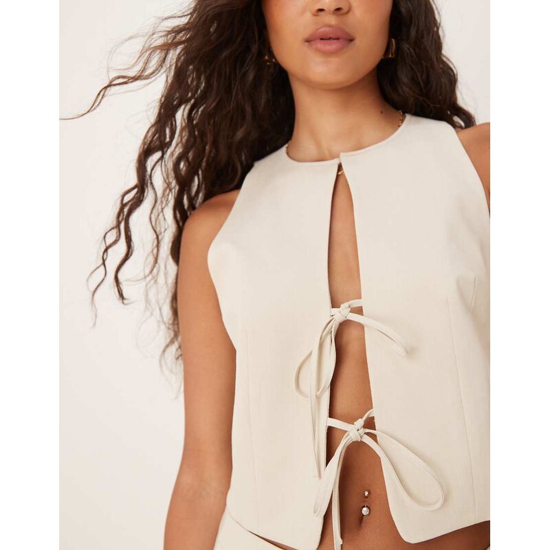 ASOS DESIGN tie front waistcoat in ecru-White