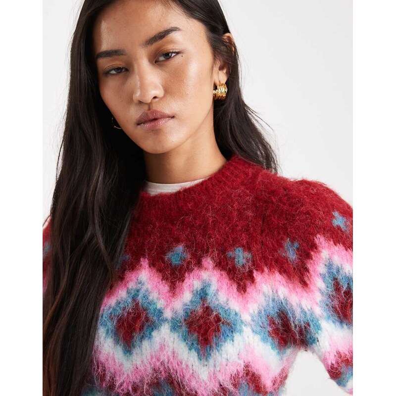 ASOS DESIGN power shoulder fairisle brushed jumper in pink