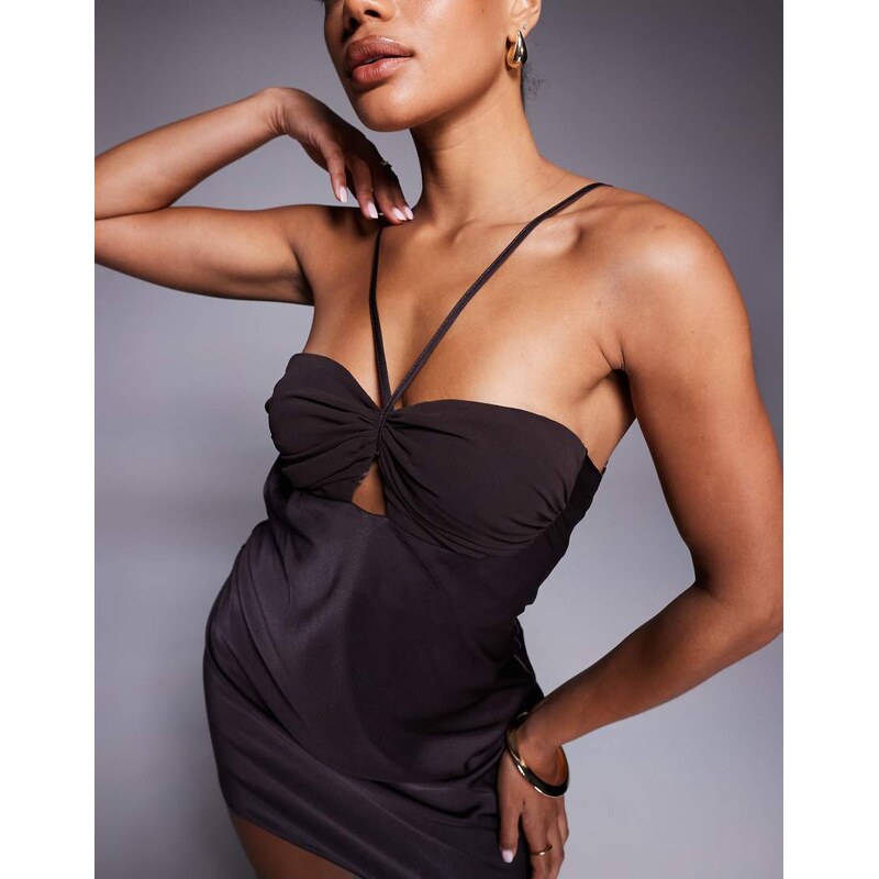 ASOS DESIGN satin strappy halter mini dress with contrast bust in chocolate-Brown