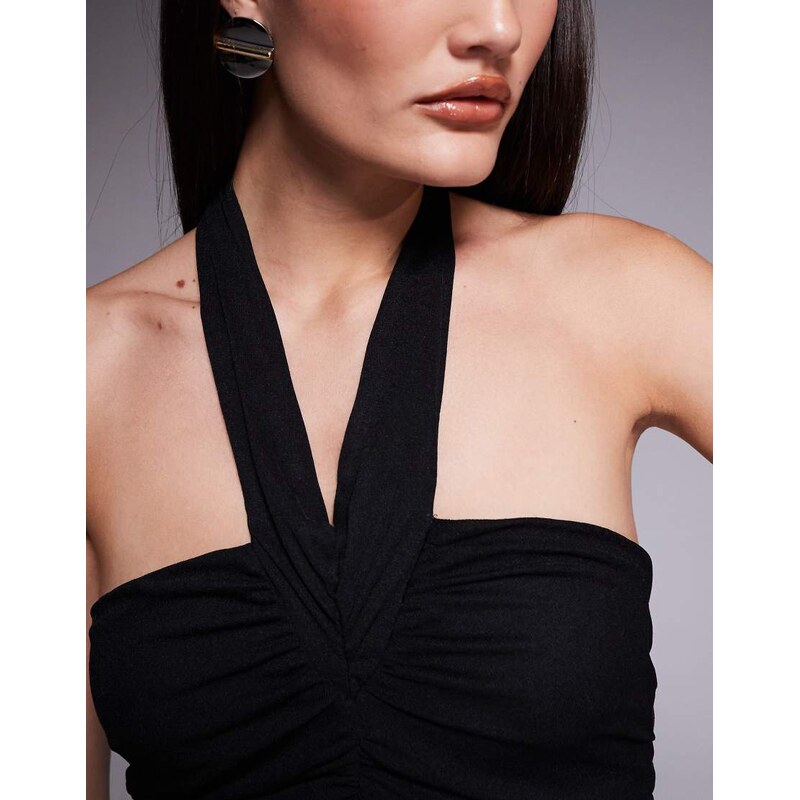 ASOS DESIGN slinky halter neck ruched crop top in black