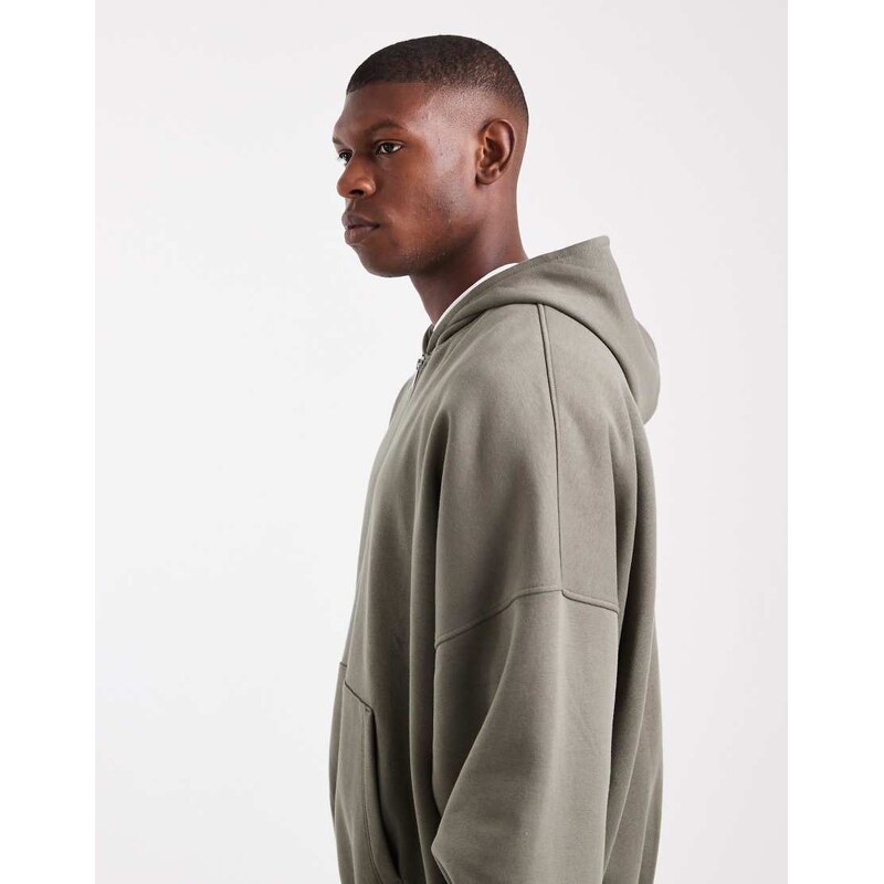 ASOS DESIGN essentials extreme oversized zip through hoodie in khaki-Green