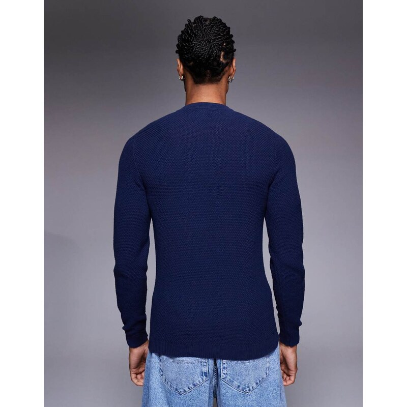 ASOS DESIGN muscle fit knitted henley neck jumper in navy