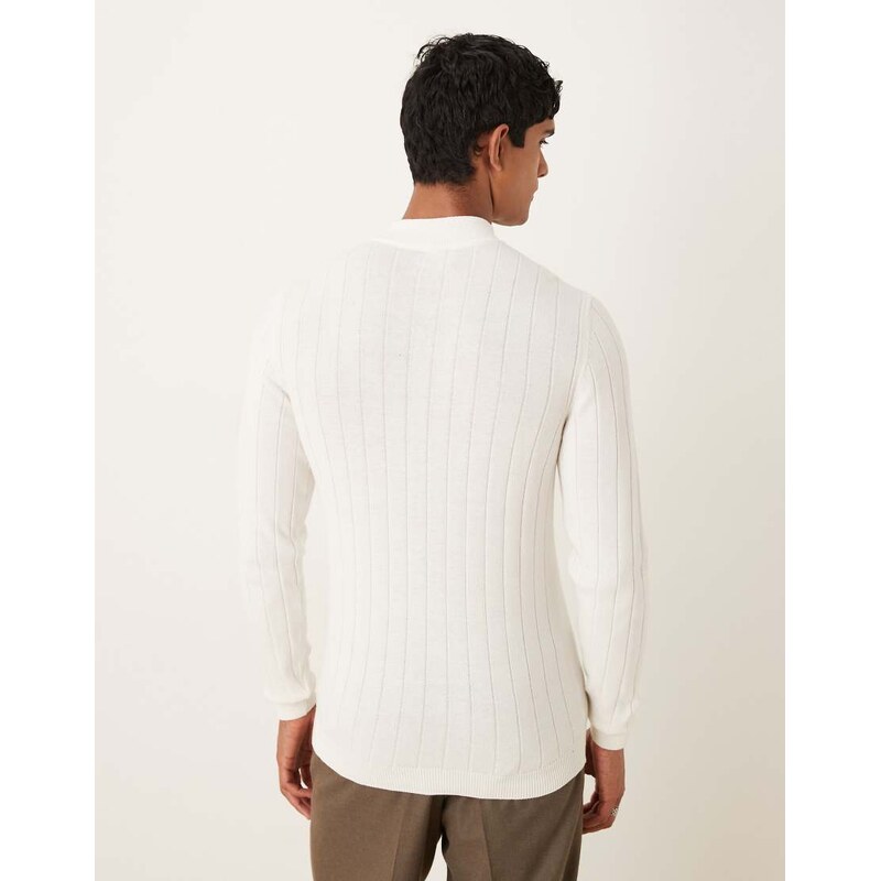 ASOS DESIGN muscle fit long sleeve knitted rib turtle neck t-shirt in off white
