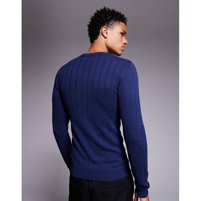 ASOS DESIGN muscle fit long sleeve knitted rib t-shirt in navy