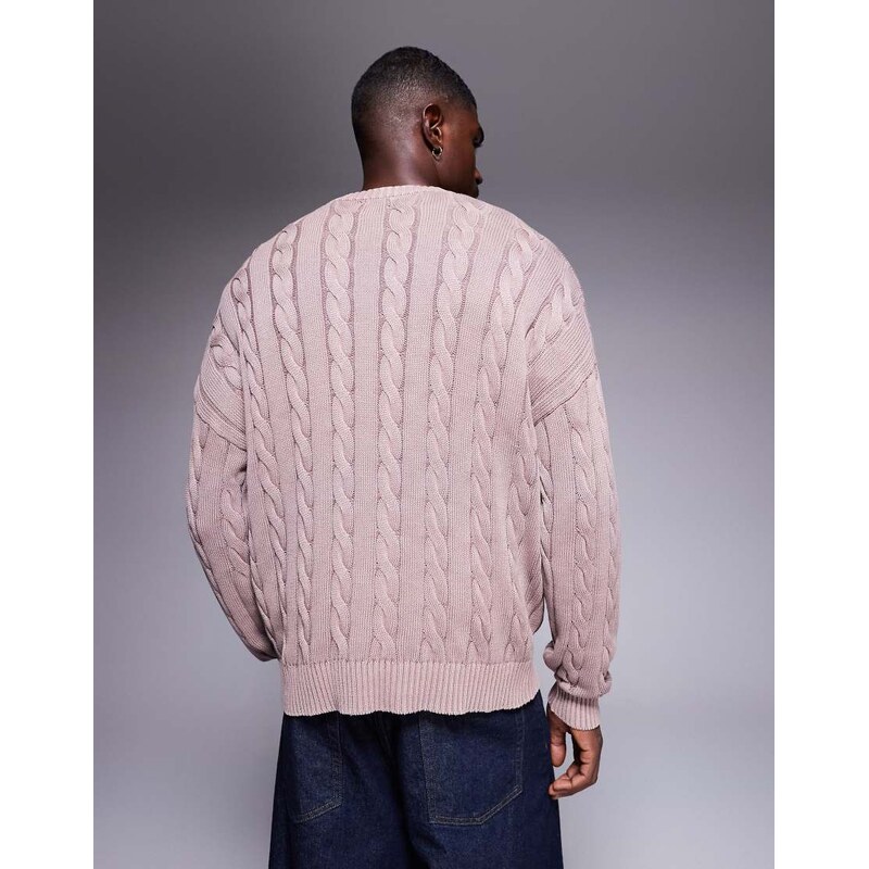 ASOS DESIGN oversized cable knitted jumper in washed pink