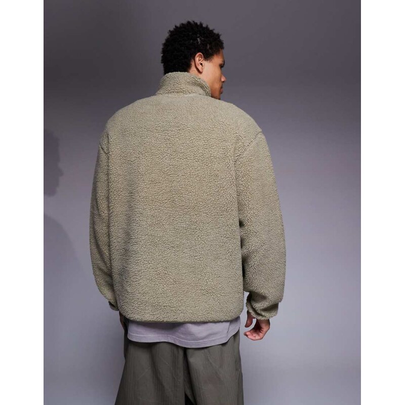 ASOS DESIGN relaxed quarter zip funnel neck borg sweatshirt in stone-Neutral