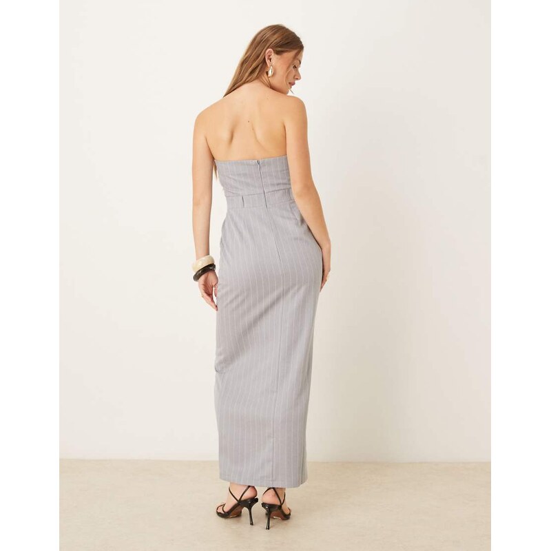 ASOS DESIGN bandeau miaxi dress with front split in grey pinstripe