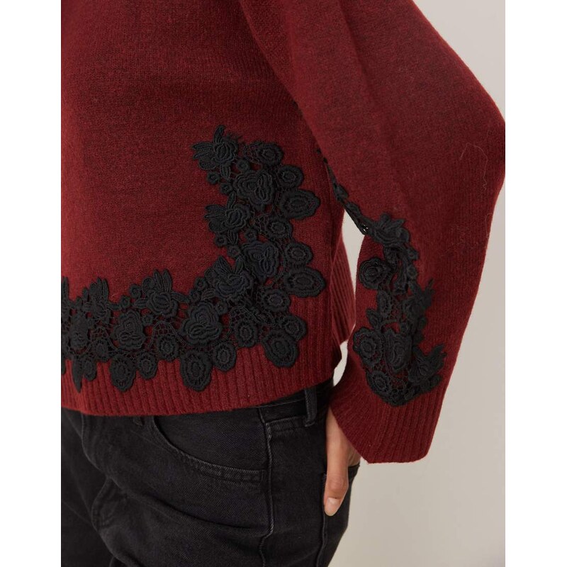 ASOS DESIGN lace sleeve and waist placement funnel neck jumper in plum-Purple