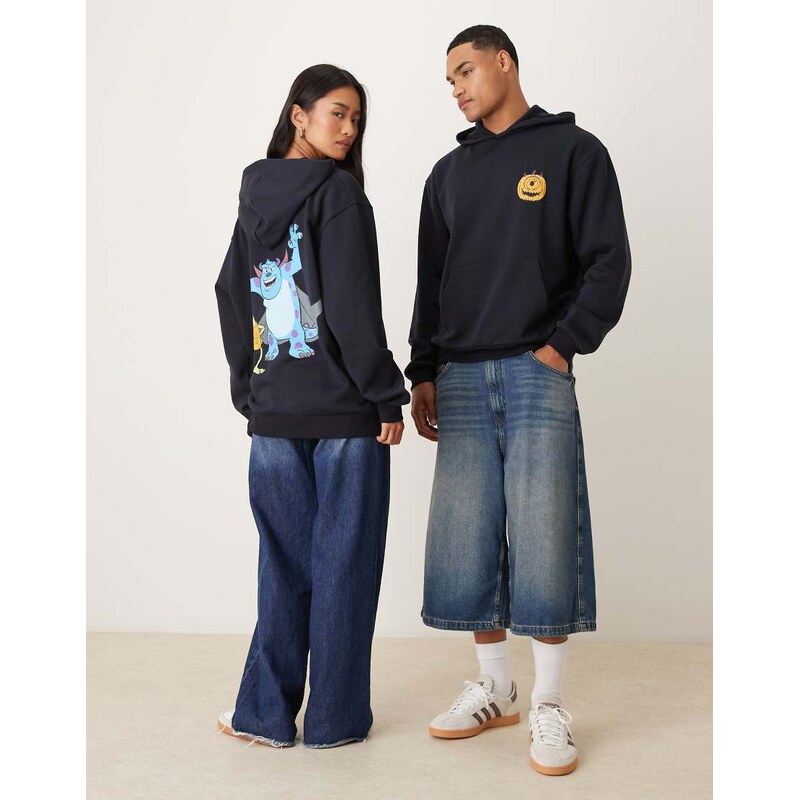 ASOS DESIGN Disney Pixar Halloween relaxed hoodie with Monsters Inc. prints in navy
