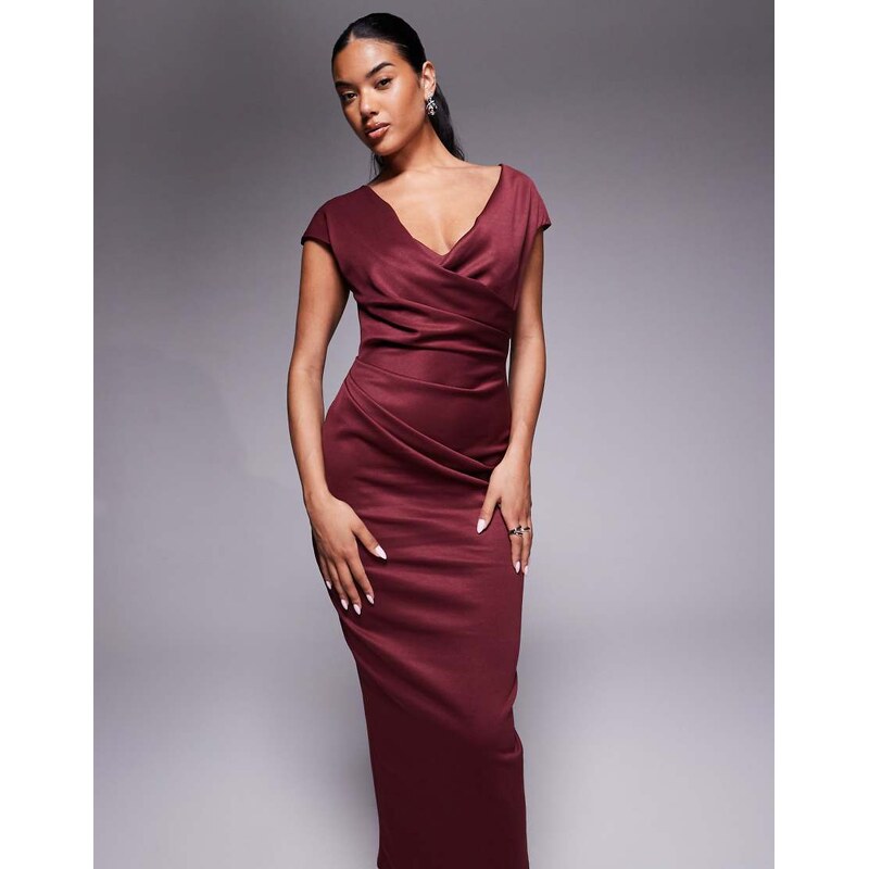 ASOS DESIGN structured midi dress with capped sleeve and draped cross front in dark berry