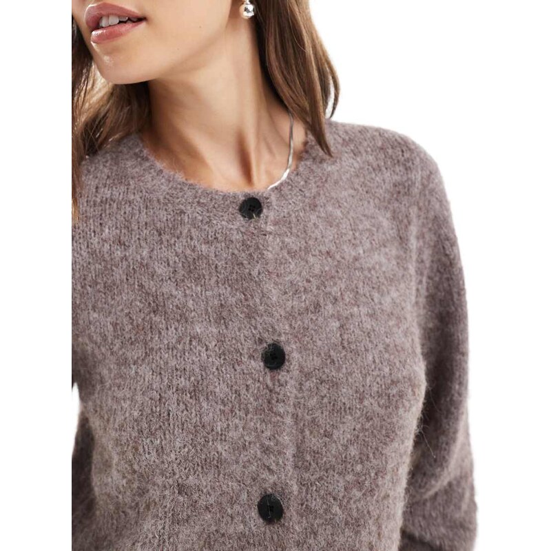 Vero Moda soft fluffy knit o-neck cardigan in fossil melange-Brown