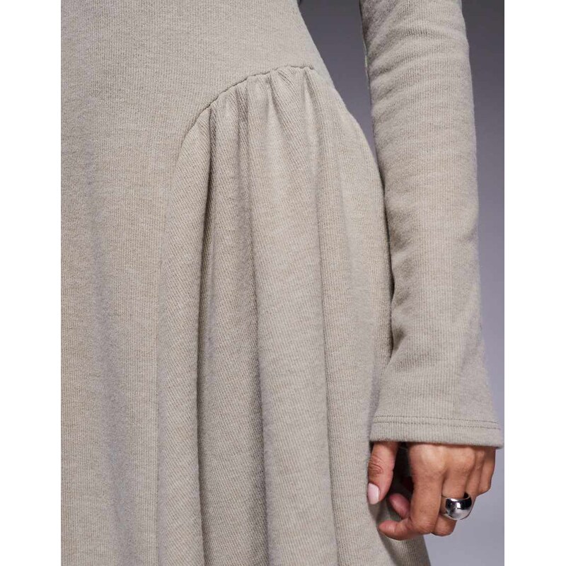 ASOS DESIGN supersoft long sleeve godet mini dress in taupe-Neutral