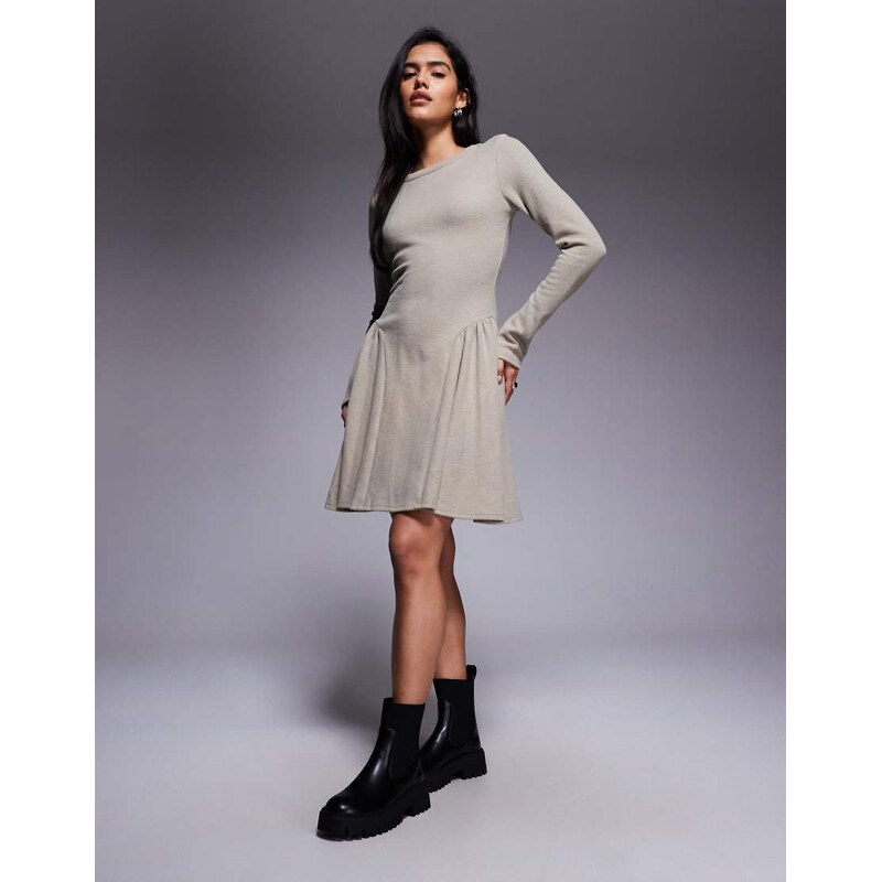 ASOS DESIGN supersoft long sleeve godet mini dress in taupe-Neutral
