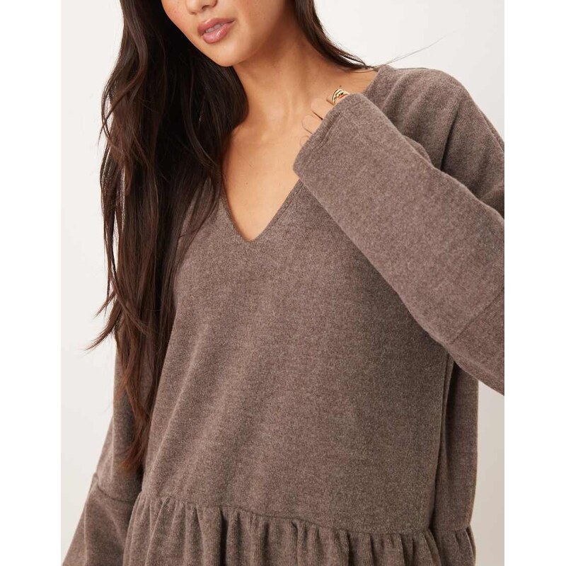 ASOS DESIGN supersoft V front dropped waist mini dress in chocolate-Brown