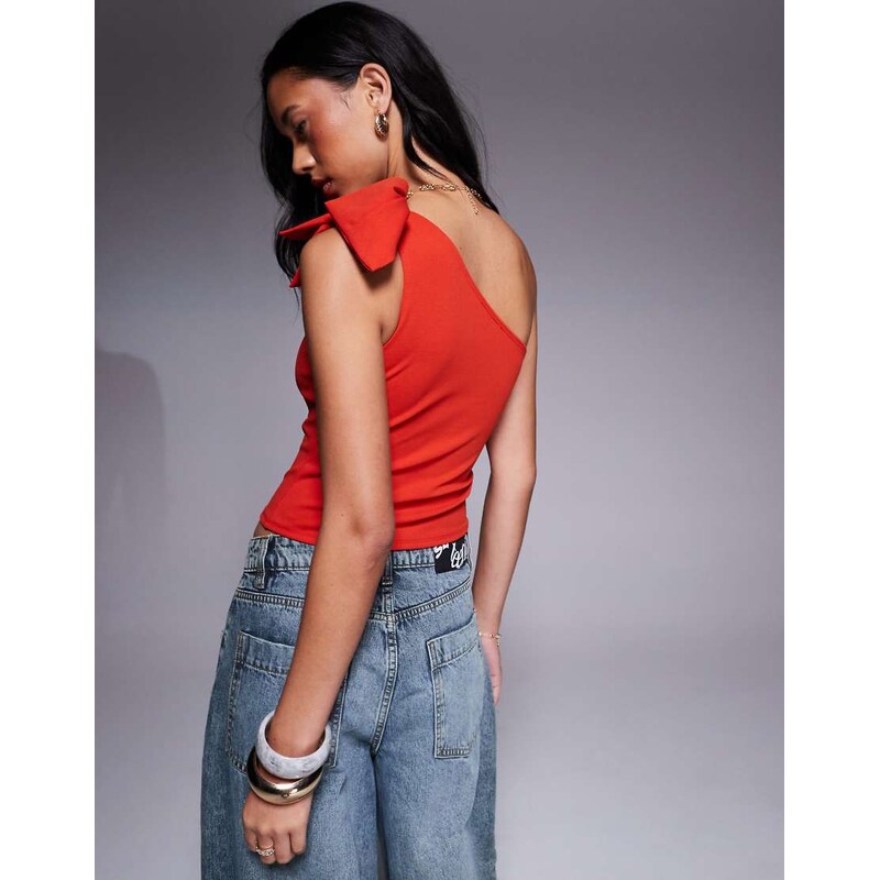 ASOS DESIGN crepe one shoulder bow top in red in scuba-style fabric-Yellow