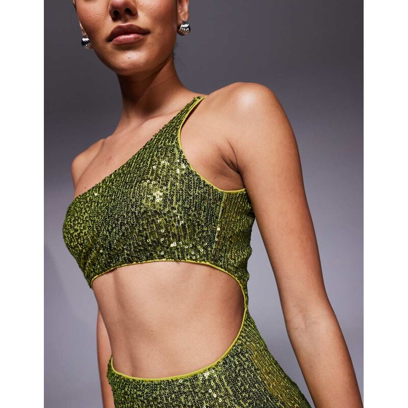ASOS DESIGN all over sequin one shoulder faux-ord midi dress in lime green