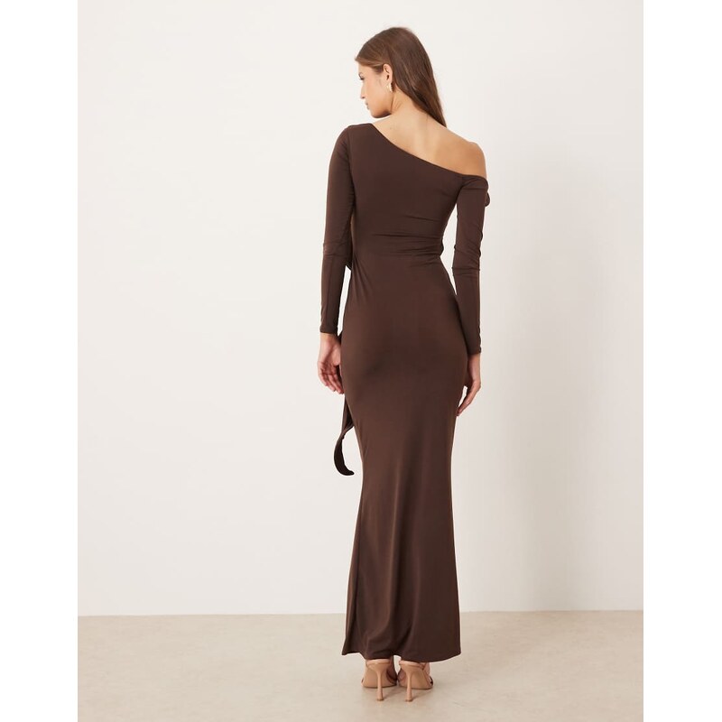 ASOS DESIGN long sleeve structured ruffle midi dress with cut out detail in chocolate-Brown