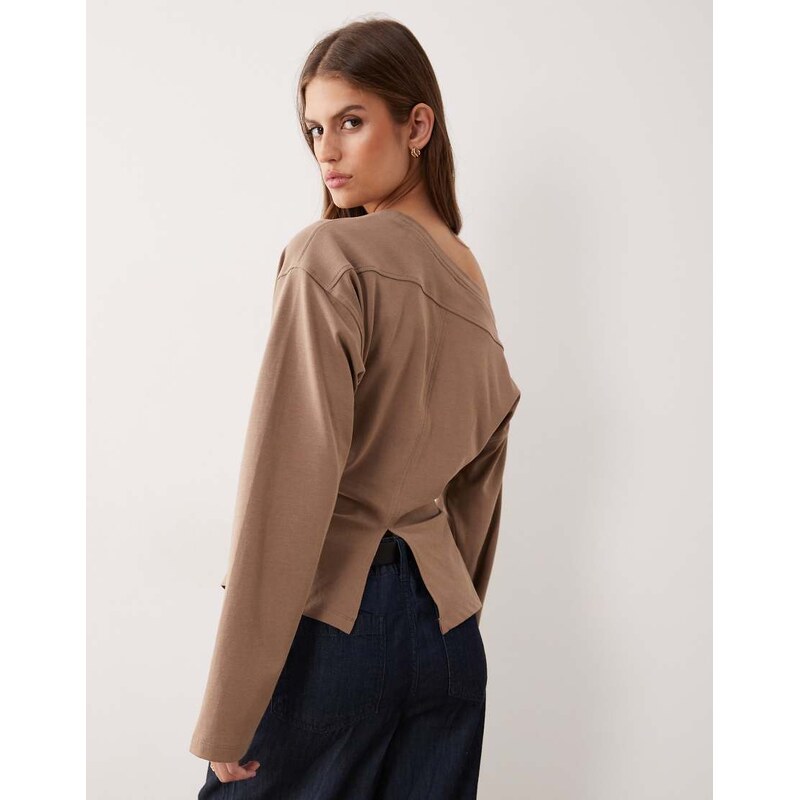 ASOS DESIGN long sleeve off shoulder corset waist tee in mocha-Grey