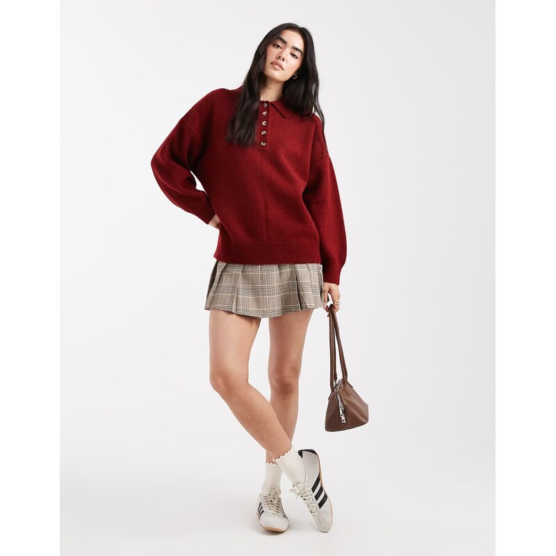 ASOS DESIGN knitted compact rugby shirt in burgundy-Red