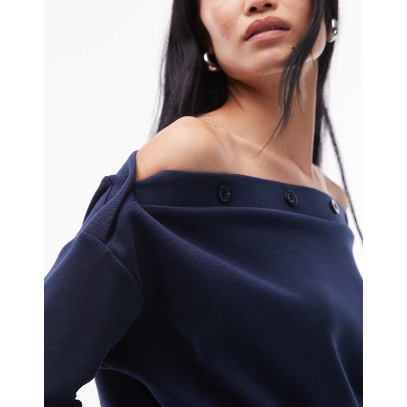 ASOS DESIGN Supersoft button detail boat neck long sleeve jumper in navy