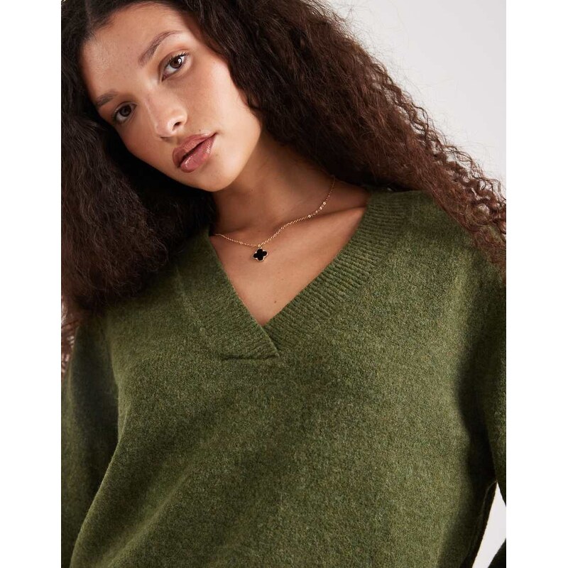 Vero Moda soft oversized v-neck jumper in green melange