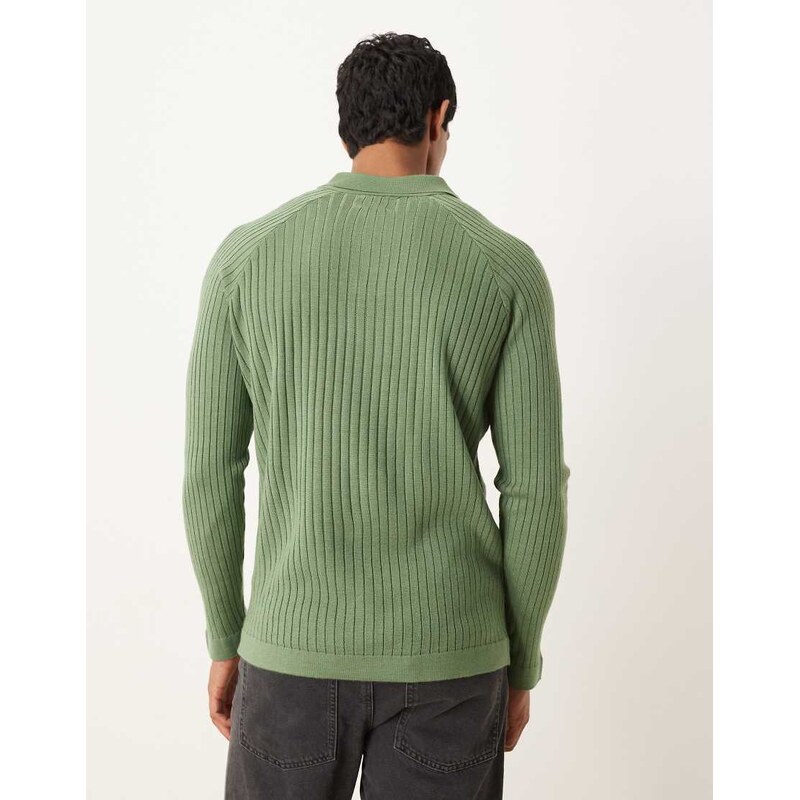 ASOS DESIGN muscle fit knitted long sleeve polo t-shirt in khaki-Green