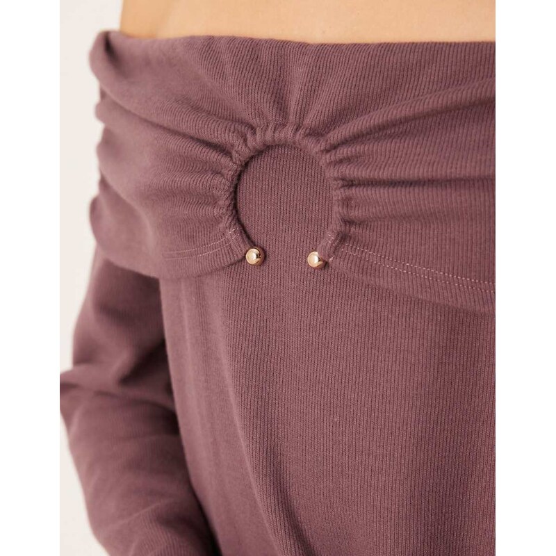 ASOS DESIGN Supersoft off shoulder hardware detail jumper in dusty plum-Brown