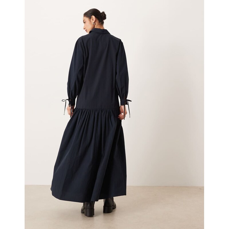 ASOS DESIGN long sleeved tie detail maxi shirt dress in navy