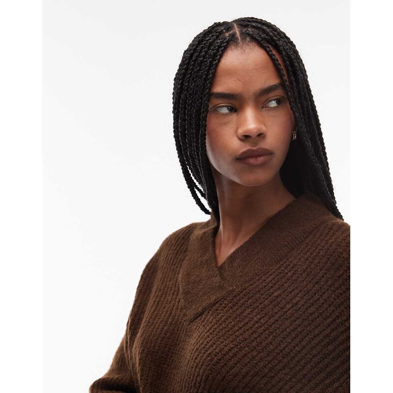 ASOS DESIGN knitted oversized v neck jumper in brown