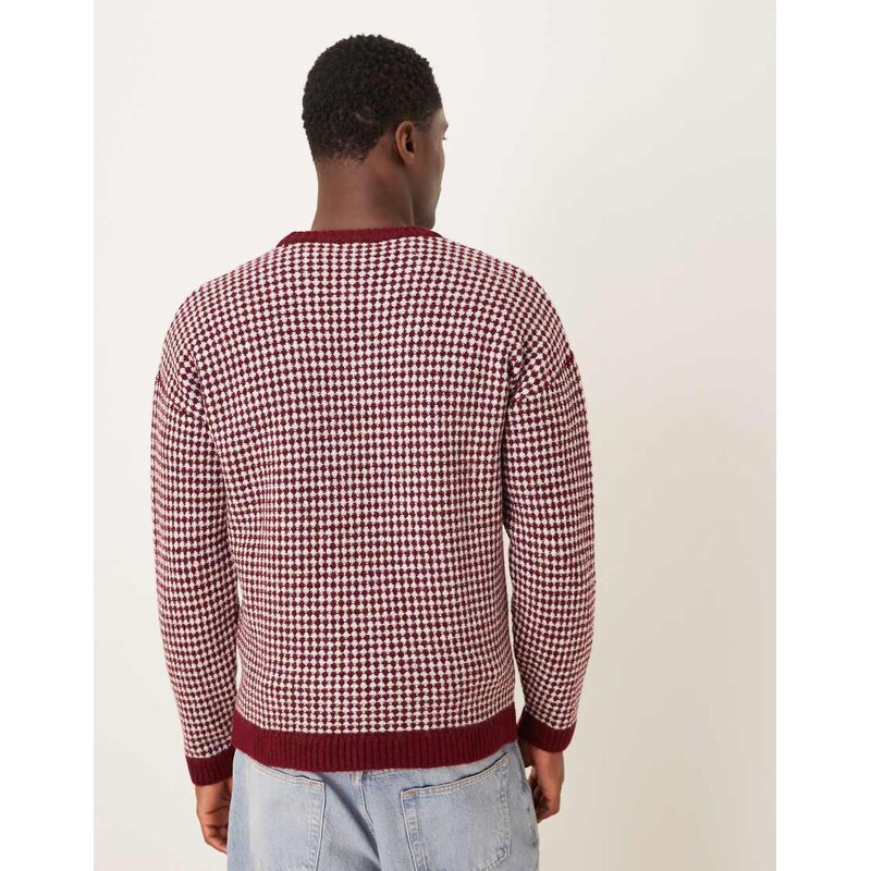 ASOS DESIGN relaxed knitted crew neck stripe jumper in burgundy-Red