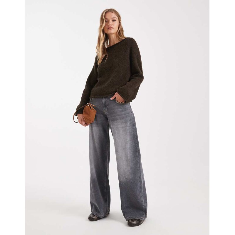 ASOS DESIGN boucle slash neck top in chocolate-White