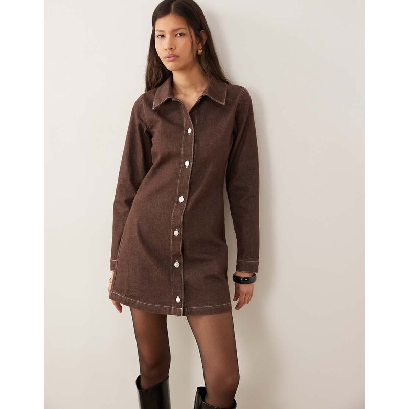 ASOS DESIGN fitted denim shirt dress with long sleeve in brown