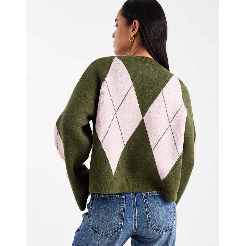ASOS DESIGN fluffy knitted argyle jumper in khaki-Green