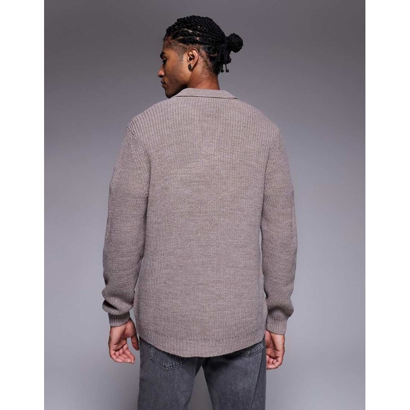 ASOS DESIGN relaxed knitted rib notch neck polo in mink-Neutral