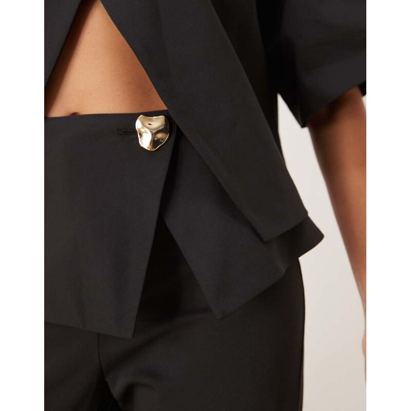 ASOS DESIGN tailored fold over gold button straight leg trousers in black