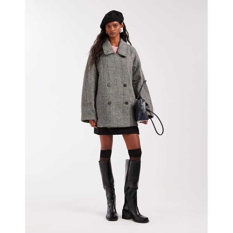 ASOS DESIGN oversized mid length pea coat in herringbone-Black