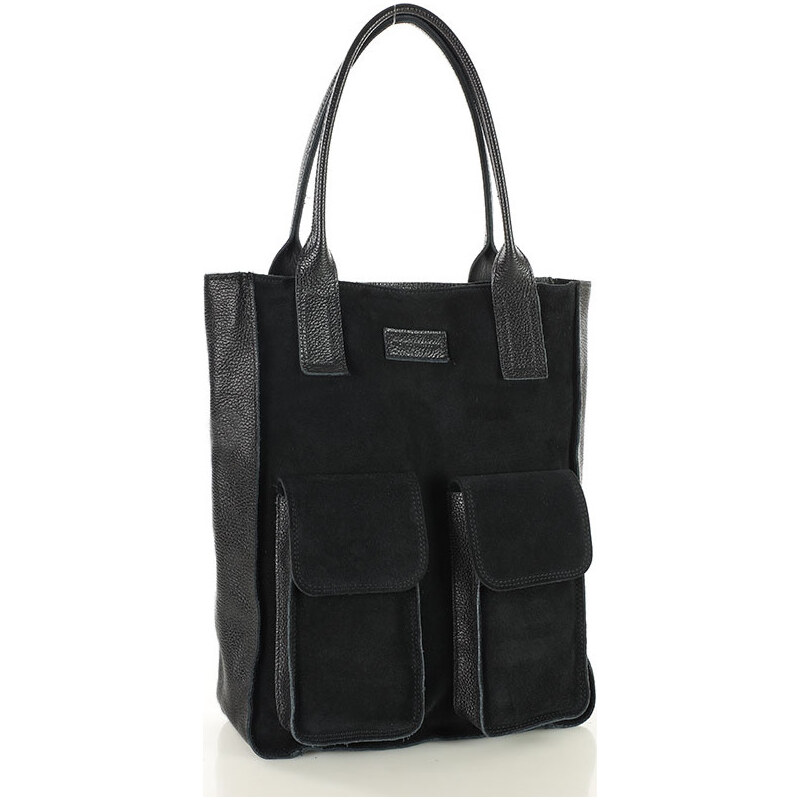 Genuine Leather MARCO MAZZINI Černá kožená shopper kabelka s kapsami 108444284