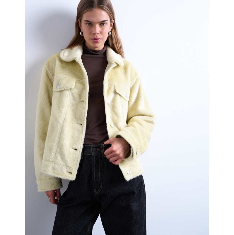 Topshop faux fur western trucker jacket in buttermilk-Yellow