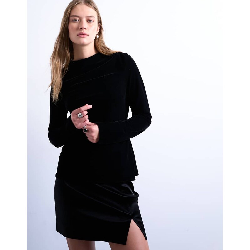 Topshop long sleeve drape neck velvet top in black