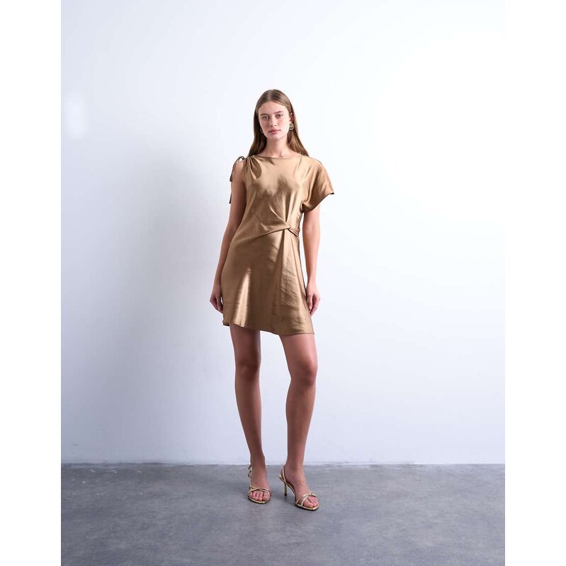 Topshop asymmetric tuck side satin mini dress in caramel-Brown