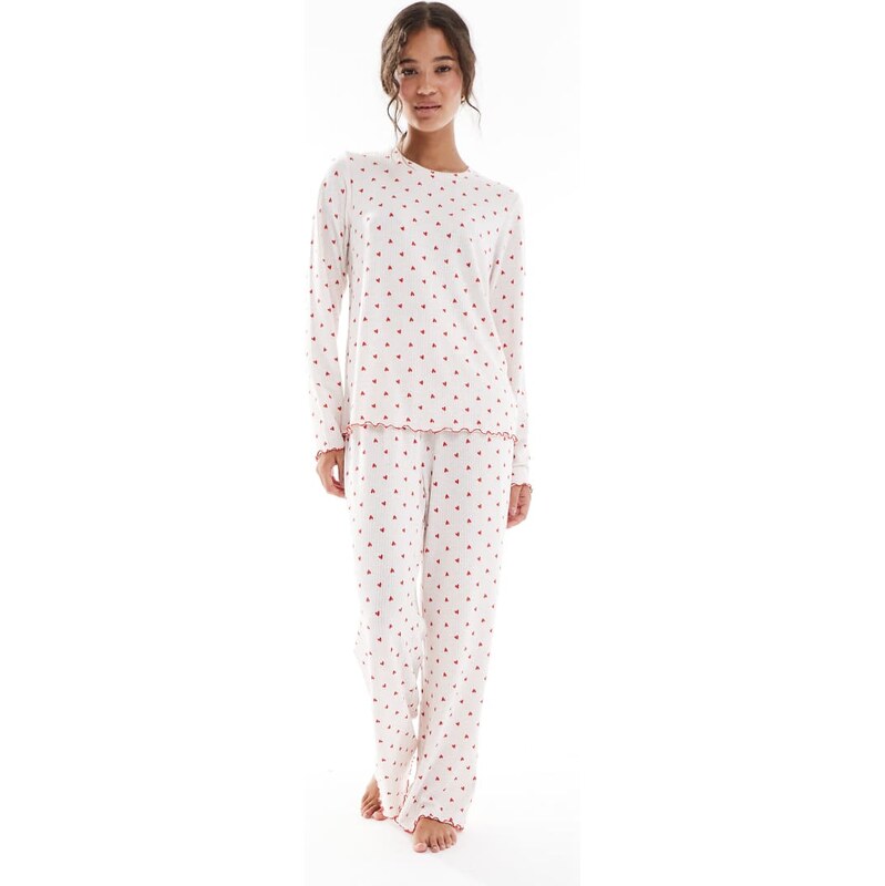 Loungeable Marl brushed rib long sleeve top and trouser set in cream 109475739