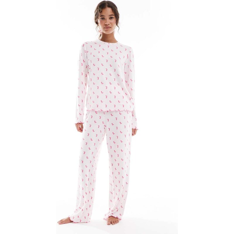 Loungeable Marl brushed rib long sleeve top and trouser set in pink 109722846