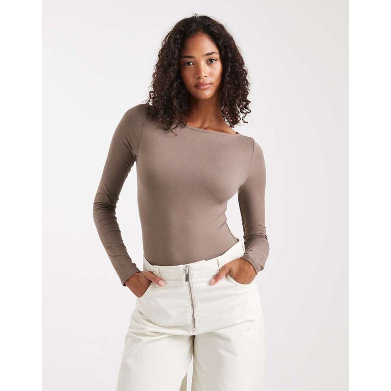 Miss Selfridge sculpted boat neck bodysuit in mushroom-Brown
