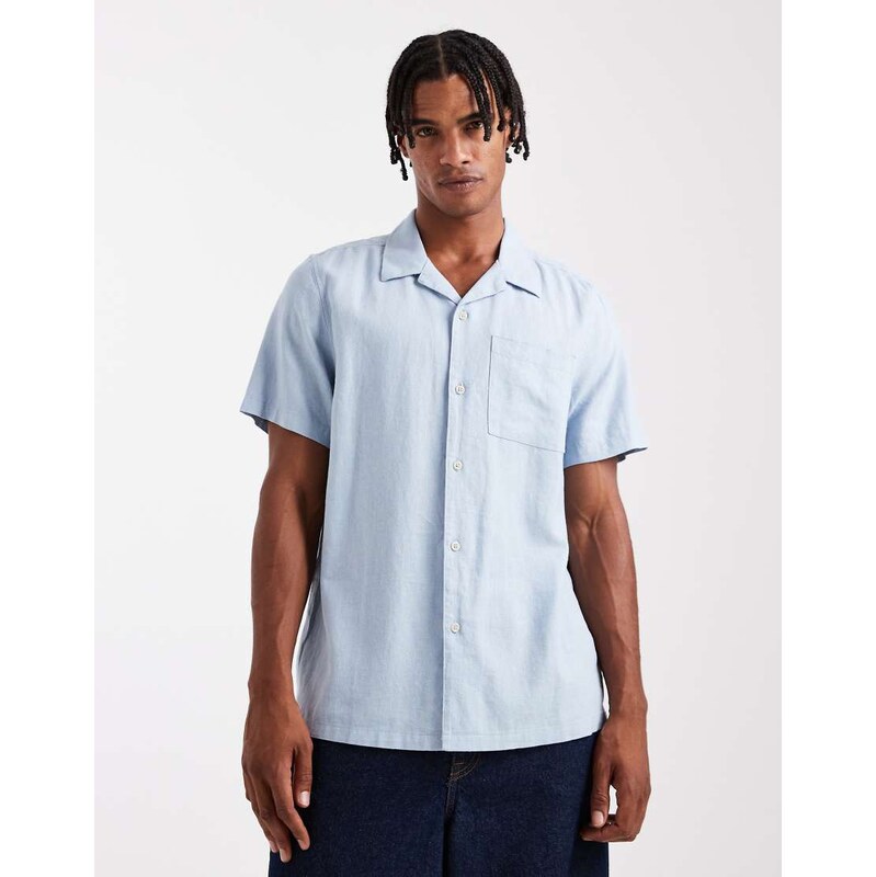 New Look revere collar linen look shirt in light blue