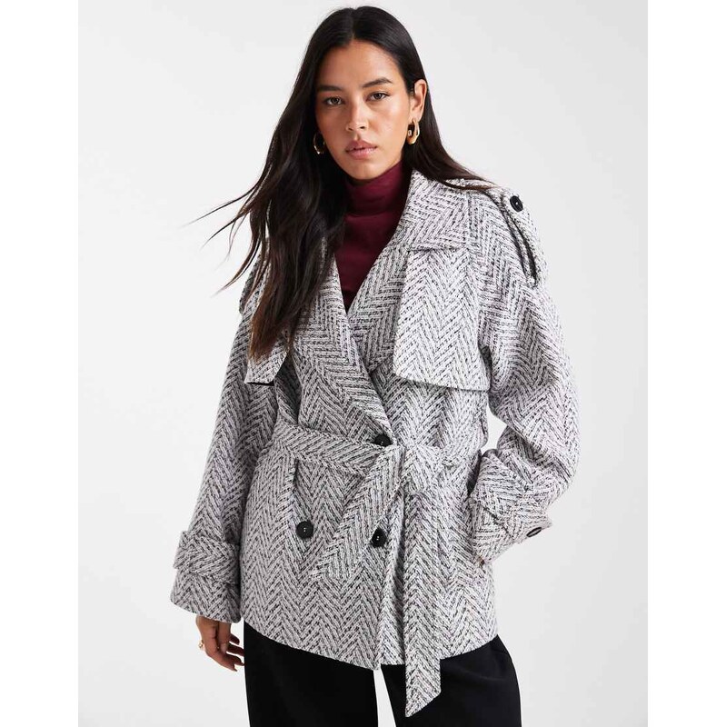 4th & Reckless wool look tweed wide sleeve belted trench coat in grey 109588904