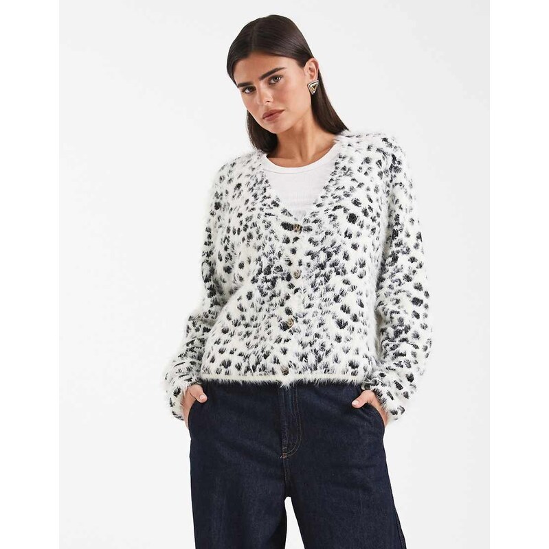 COLLUSION fluffy snow leopard knitted cardi-White 109475888