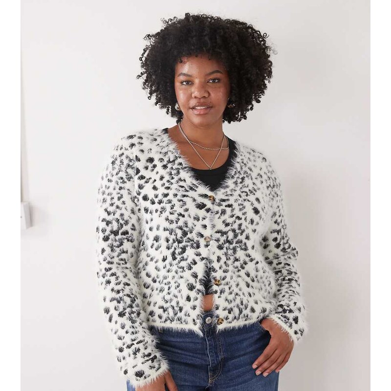 COLLUSION plus fluffy snow leopard knitted cardi-White
